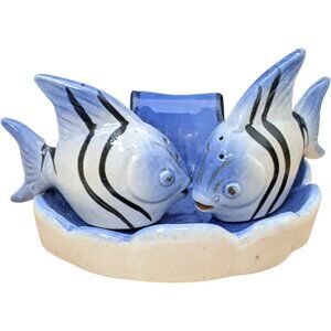 Angel Fish Salt Pepper Shaker Set Seashell Display Stand Blue Black Japan Vtg